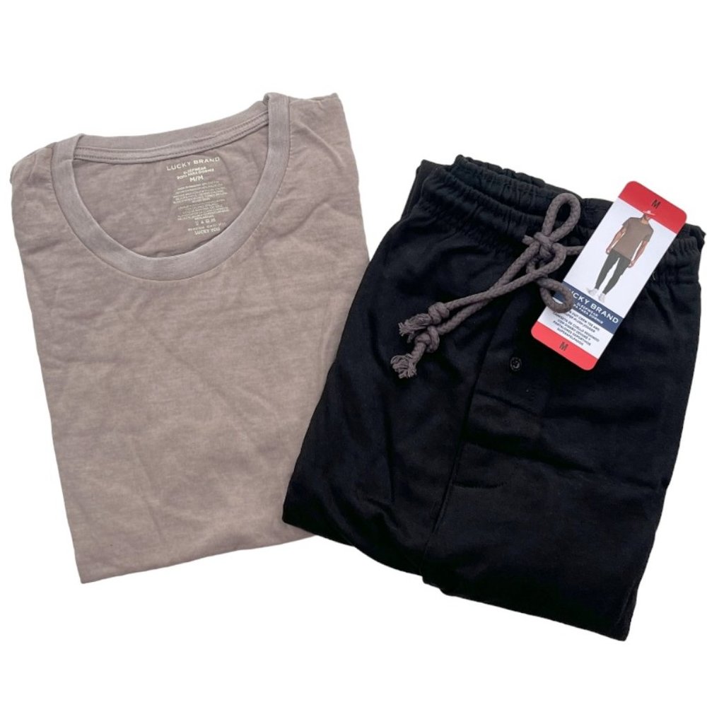 Lucky Brand Mens M Burn Out Crew T-Shirt Black Plush Jogger 2-Piece Lounge Set